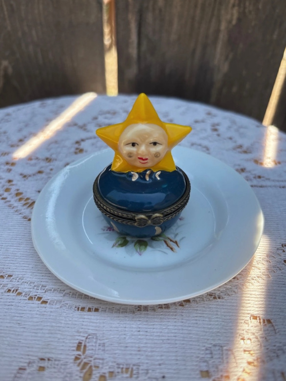 Rare Vintage Celestial Sun Face Porcelain Trinket Box Whimsigoth Anthropomorphic